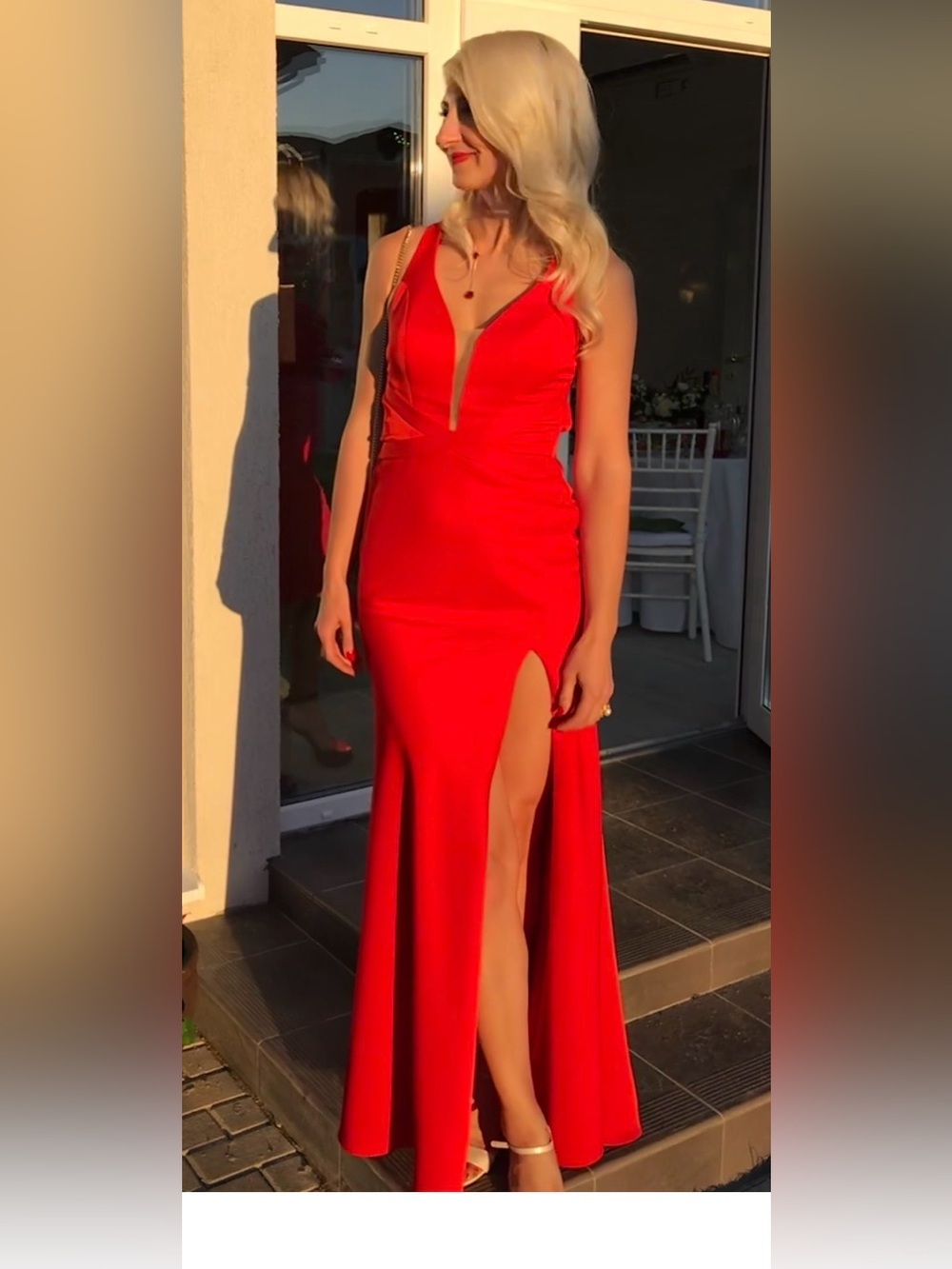 La Femme Red Plunging Neckline Prom Gown with High Slit